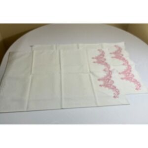 Vintage Cross Stitch Pillowcases White Cotton Pink Scalloped Edge Cottagecore 2p